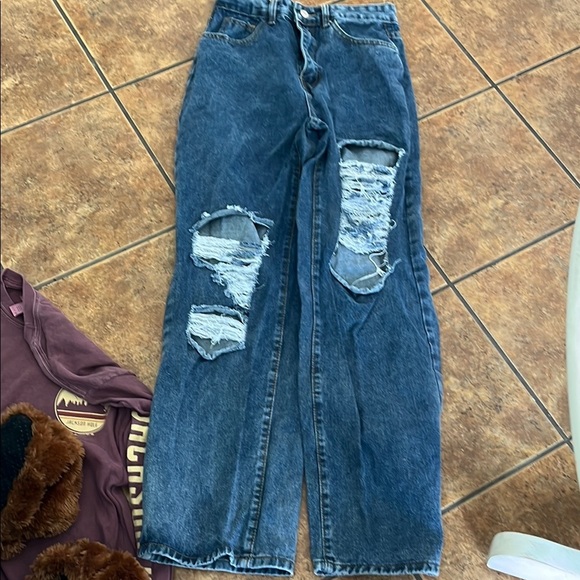 Shein High Rise Wide Leg Blue Distressed Women's Jeans Size 4 - Picture 1 of 6